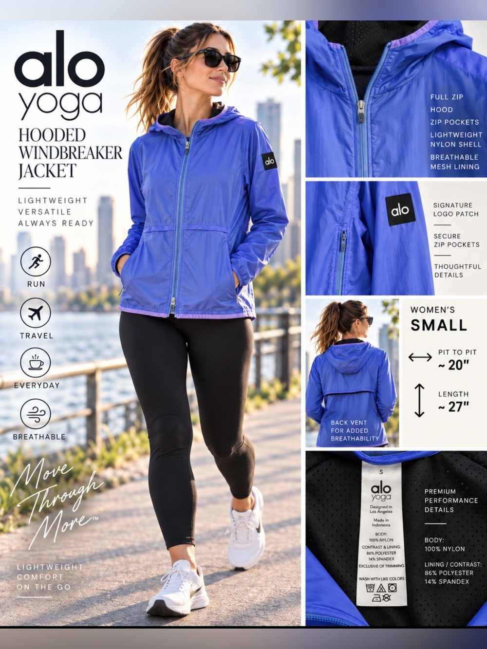 Alo Yoga Blue Hooded Windbreaker Jacket | Women’s Small | Periwinkle